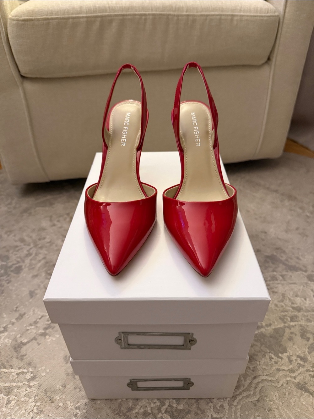 Marc Fisher Red Patent Slingback Pointed Pumps
